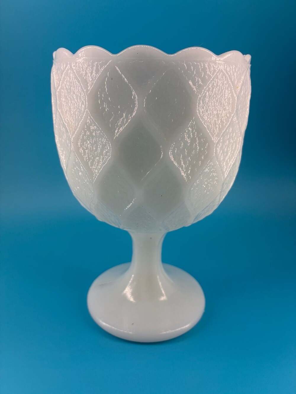 Vintage Milk Glass Diamond Embossed Footed Compote Bowl
